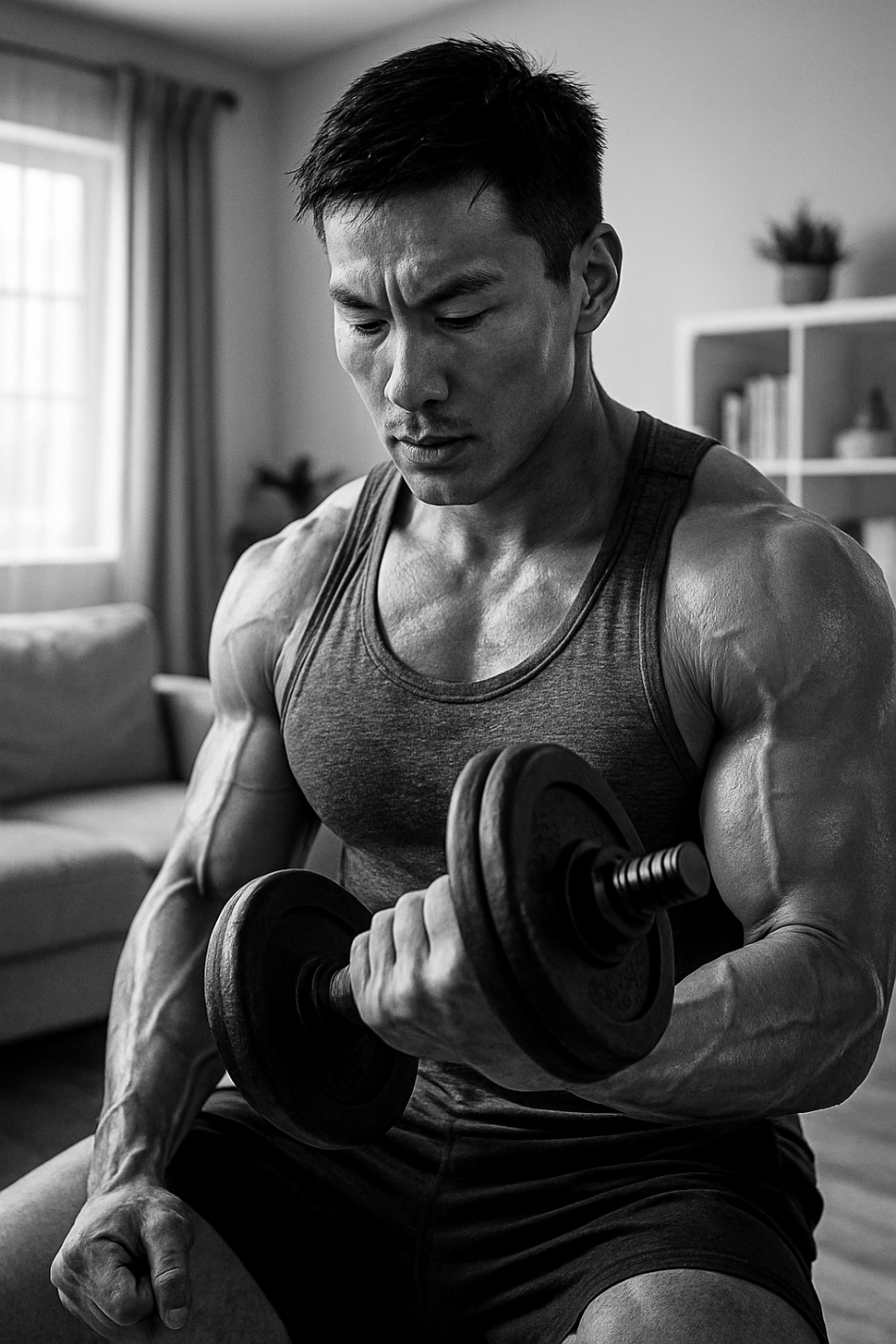 Muscular man lifting weights in a home setting